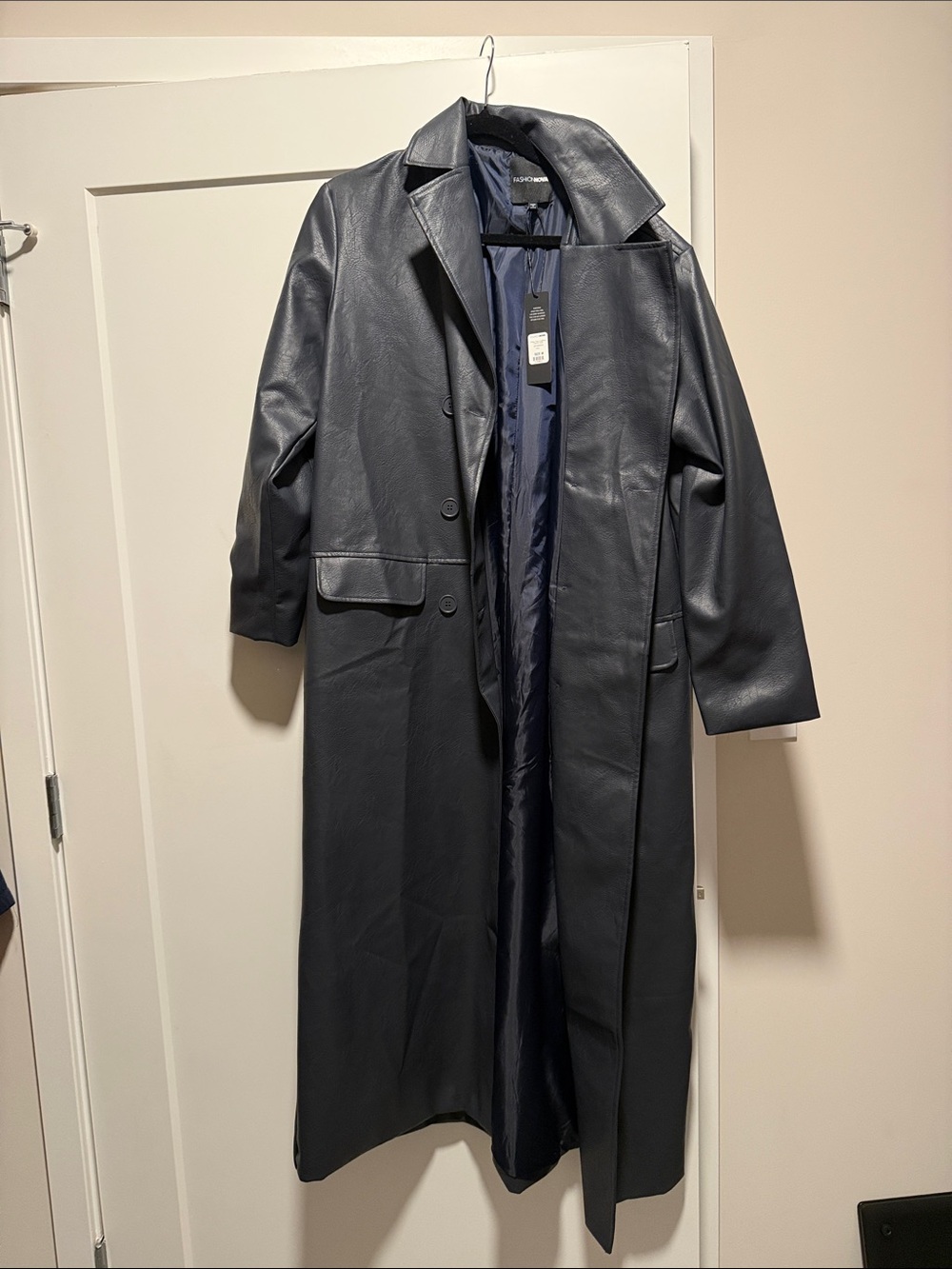 Fashion Nova Men's Long Navy Faux Leather Trench Coat